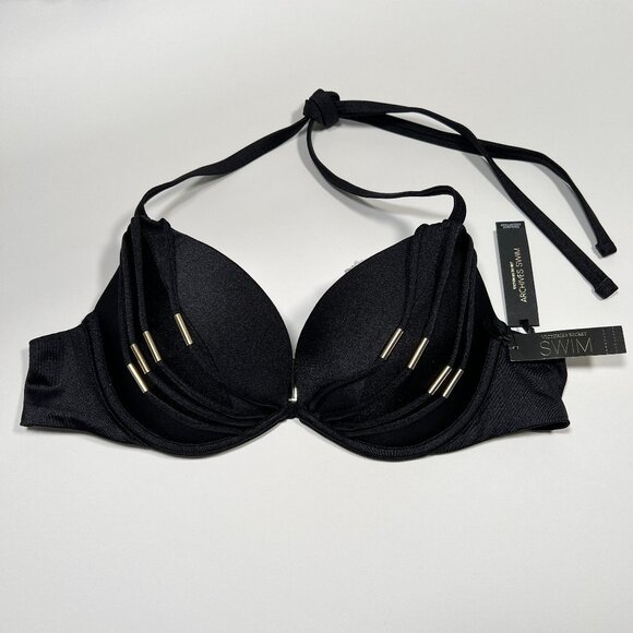 Victoria Secret 32C Push Up Bikini Top Banded Strappy Adds 1 Cup Size Black - Picture 1 of 11